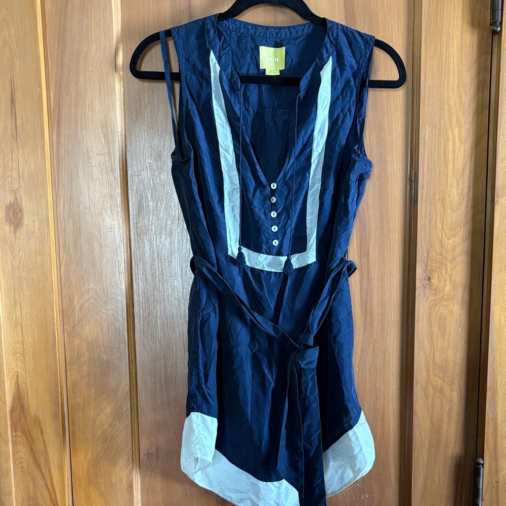 Maeve Navy Silk Sleeveless Top with White Trim and Button detailing.